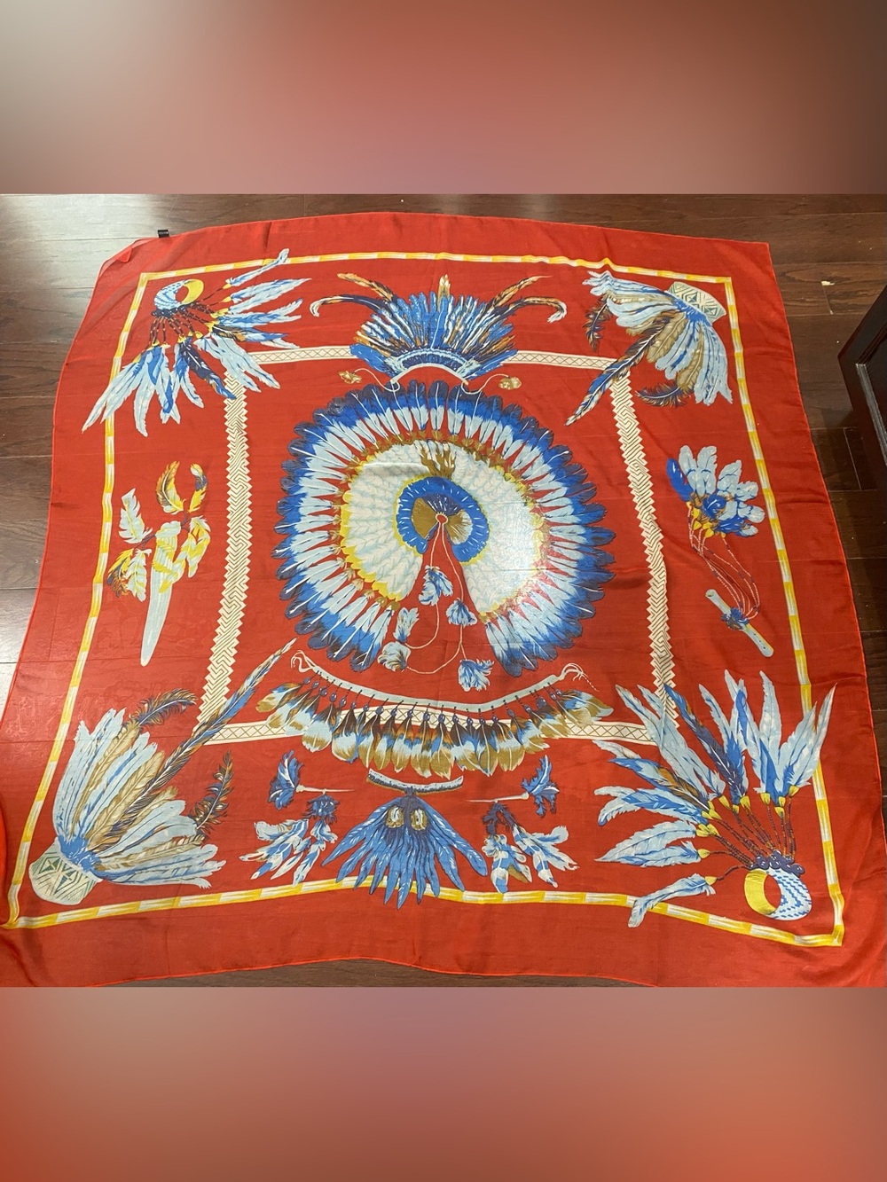 Red Floral & Feather Motif Square Scarf with Blue Accents